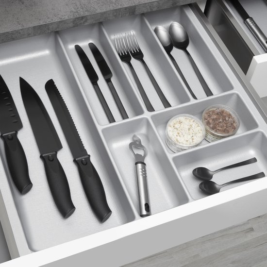 ORGA-BOX 3 Tiroir à couverts profondeur : 473 x largeur : 491 mm gris argenté avec structure en toile pour tiroirs de 60 cm, par ex. dans les cuisines Nobilia à partir de 08.2012.