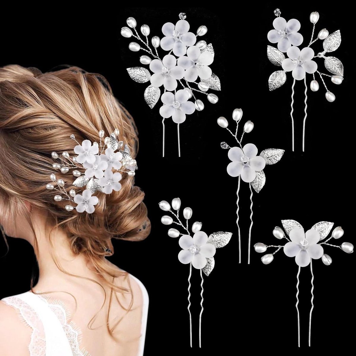 5 stuks bloemen parels haaraccessoires bruid U-vormig zilveren sieraden
