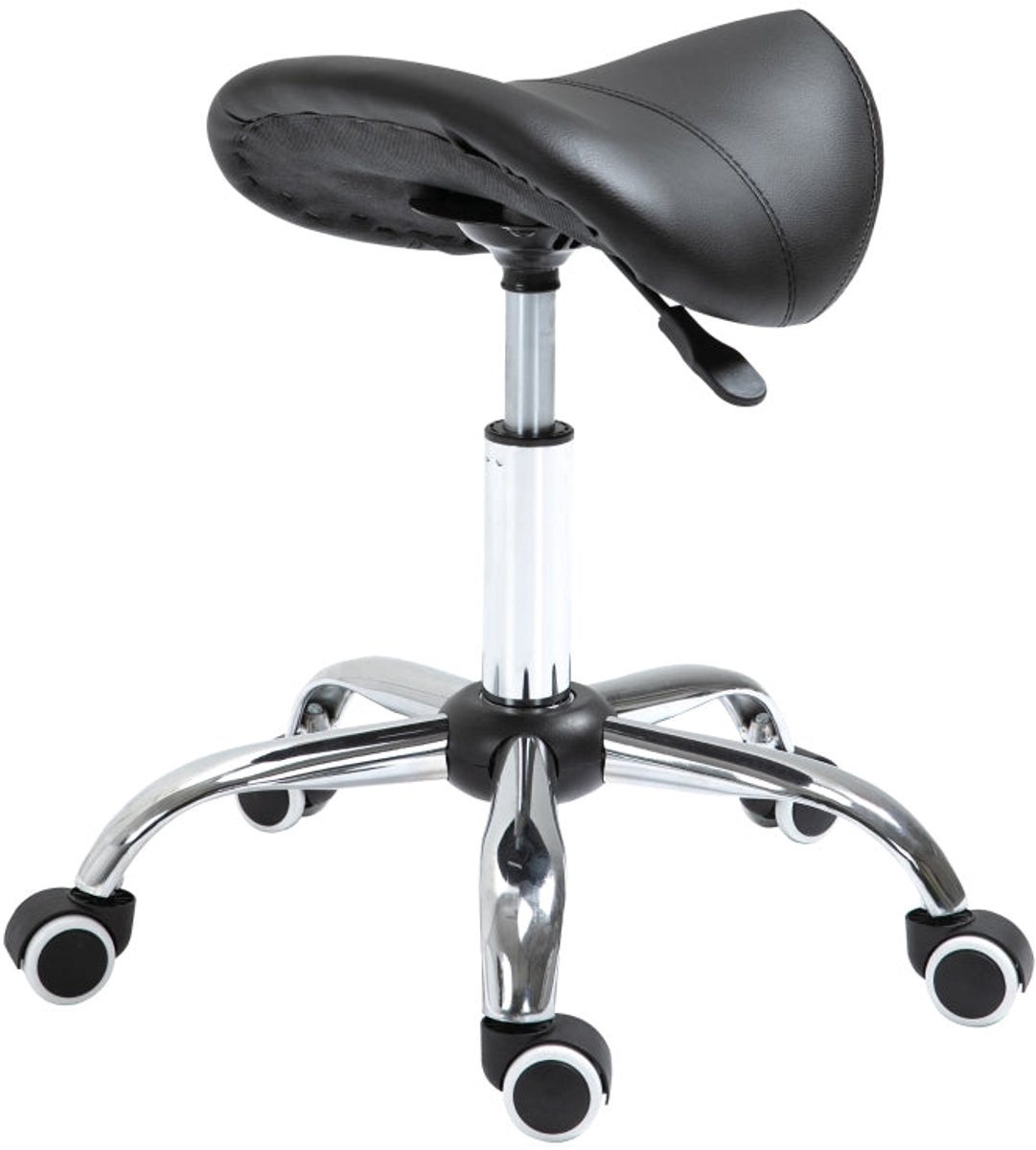 Merax Kunstleer Zadelkruk - Verstelbare Werkkruk met Wielen - Draaibare Kruk Hoogte Verstelbaar 49-61 cm - Ergonomische Werkstoel - Zwart