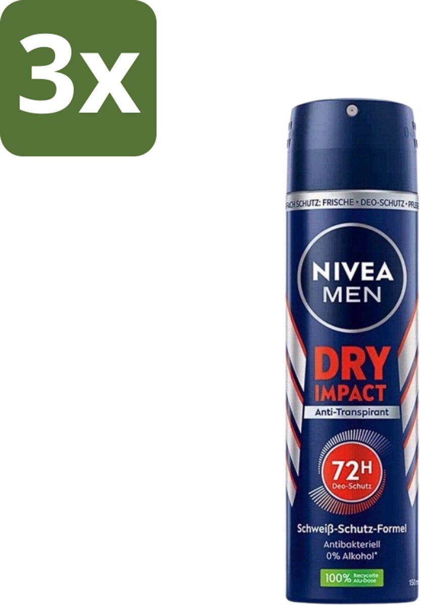 Nivea - Men - Deo Spray - Dry Impact - 48 Uur Lang Werkend - 150 ml - Bulkverpakking - 3 stuks