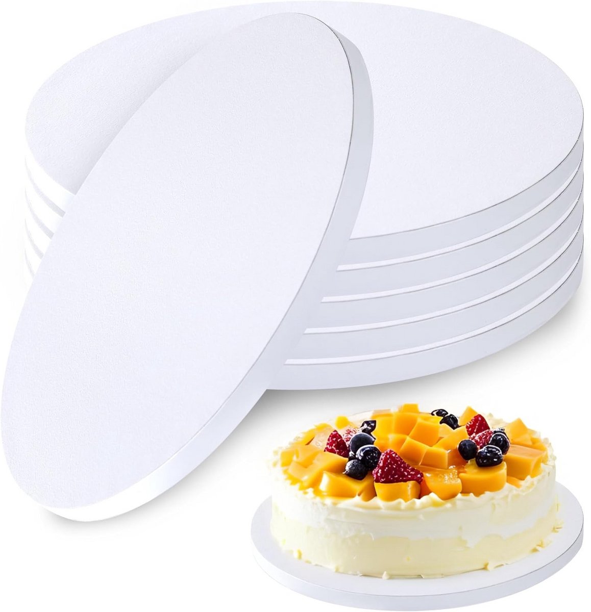 Set van 6 Ronde Taartvaten en Taartstandaards 25 cm Dik 12mm Wit
