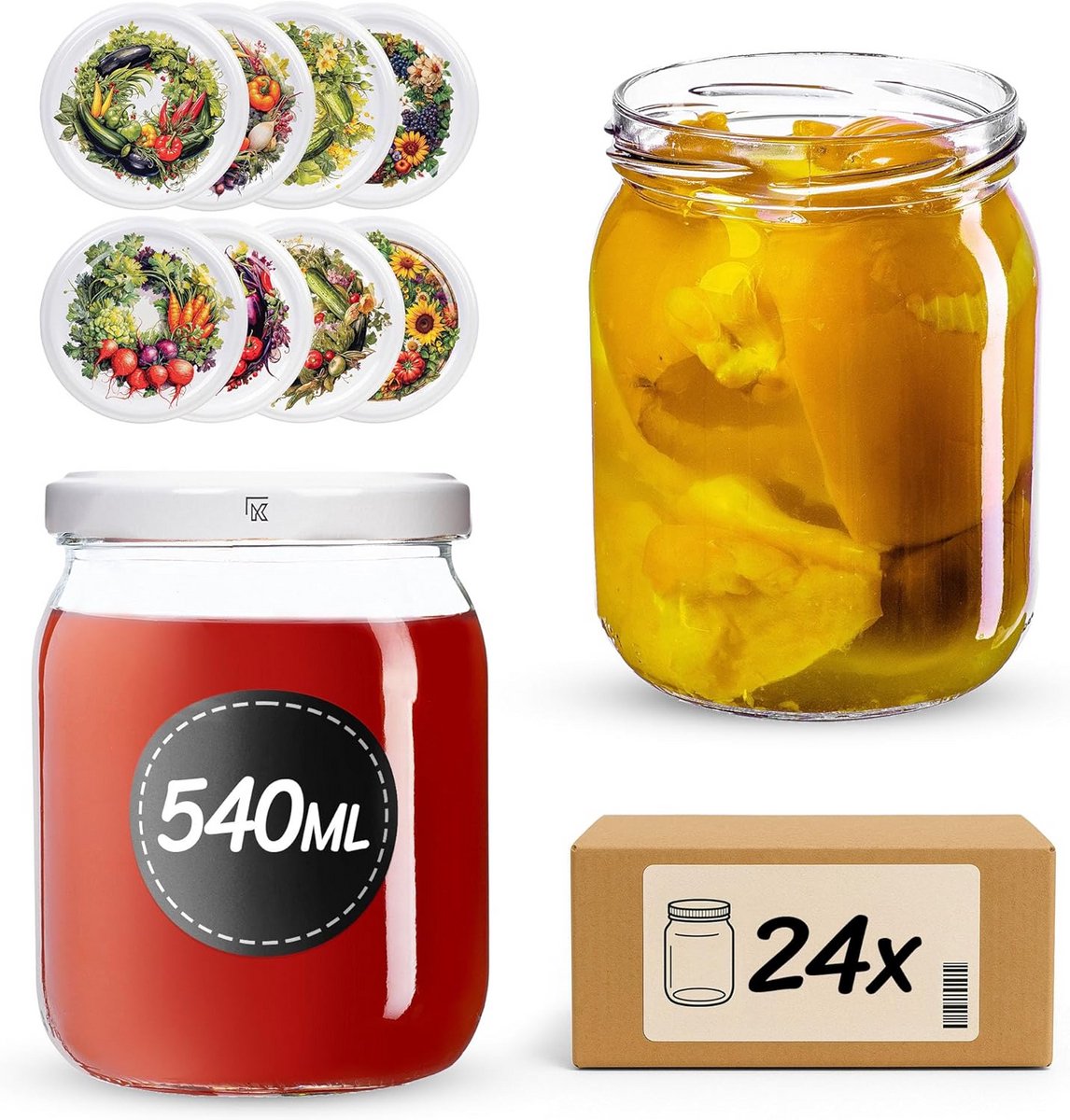 Set van 24 Inmaakpotten 540ml met Schroefdeksels voor Inmaken en Bewaren