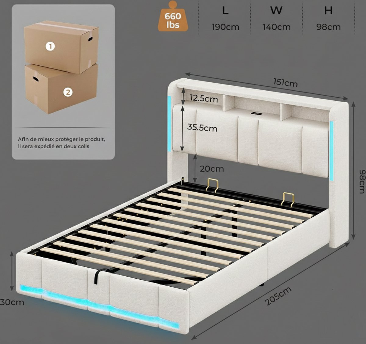 Gestoffeerd bed 140x190 cm met Opbergruimte & LED - Casa Serena Lumina Opbergruimte Deluxe - Hydraulisch Bedframe met Lattenbodem, USB & Type-C, Stoffen Tweepersoonsbed met Stopcontacten, Beige (Zonder Matras)
