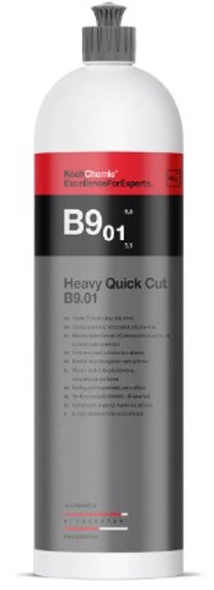 Fles Koch Chemie B9.01 Heavy Quick Cut polijstmiddel met rood en grijs etiket, staand op een witte achtergrond.