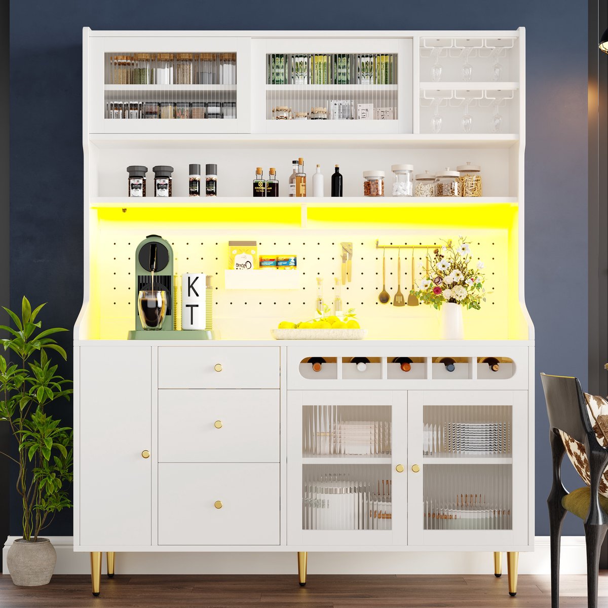 MODFU - Hoge Kast - Ledverlichting Met Appbediening - Verstelbare Legplanken - Glazen Schuifdeuren - Wijnrek Met Glazenhouder - Wit - 145 X 39 X 171 Cm