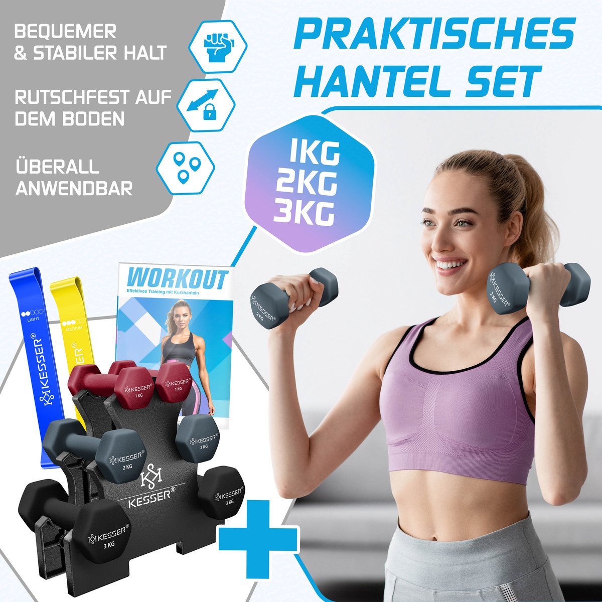 KESSER® Dumbells Set 3 Paren | Gewichten Set met Standaard | verstelbare Dumbell Geschikt voor Krachttraining | Halterset met oefeningenboekje, 2x fitnessbanden – foto 4