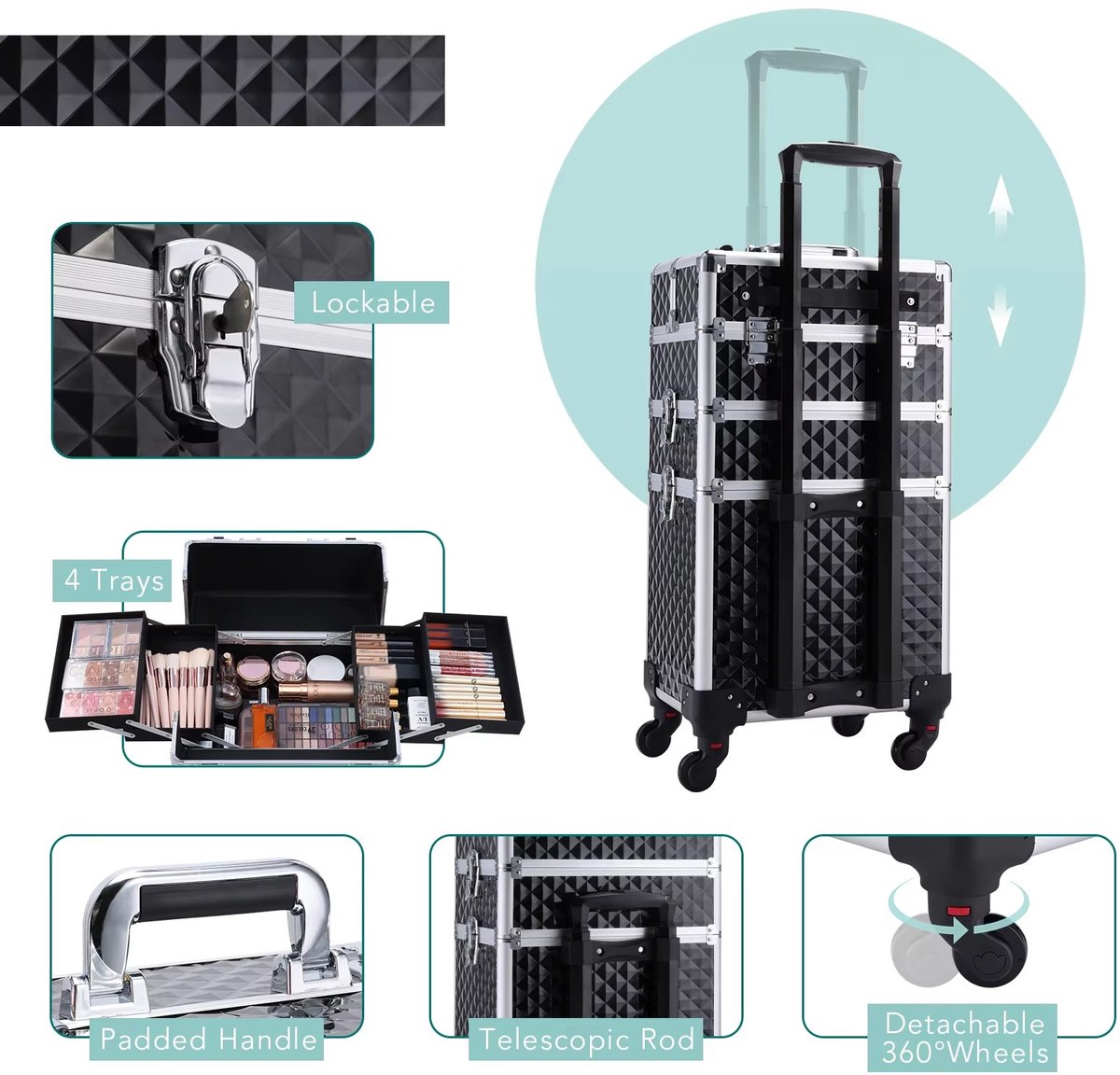 Jently make-up koffer - make-up trolley - make-up set - 35x24.5x67 cm - rosé goud