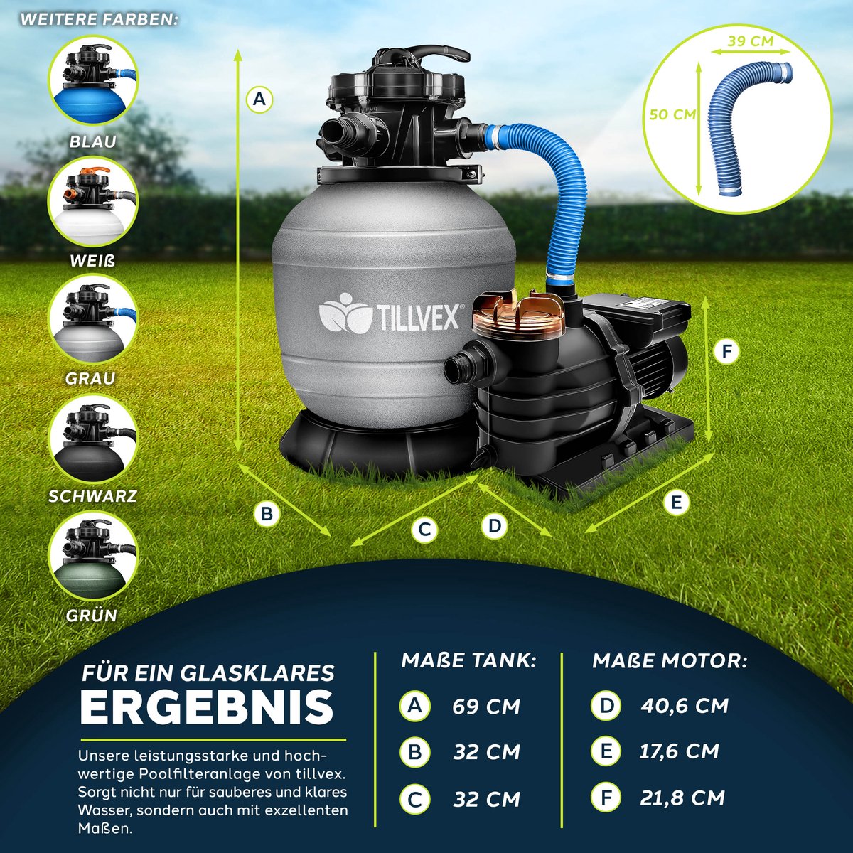 tillvex Zandfiltersysteem 13.200L/h tot 40.000L + 1200g Filterkogels | Zandfilterinstallatie 7-weg ventiel & Adapter Ø32-38mm | Zwembadfilter met drukweergave | Zandfilter zwembad (Grijs) – foto 8
