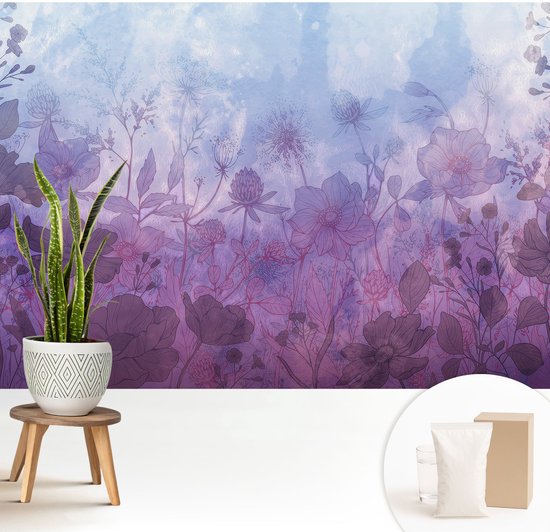 Wallfluent Behang - Pastelkleurige bloemen Vliesbehang - 208x146 cm - Blauw Behang - Voor liefhebbers van kunst en natuur - Behang Voor de woonkamer, slaapkamer en kantoor - Wandbekleding Bloemen en planten