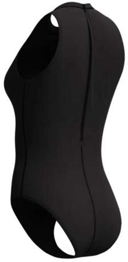 Zij-aanzicht van een zwart Speedo sportbadpak met hoge hals en rits op de rug.