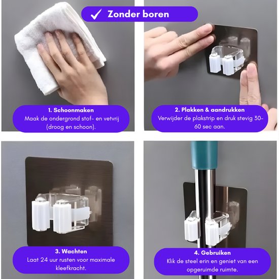 Bezem ophangsysteem - Bezemhouder 4 stuks - Wandhouder - Zelfklevende Bezem Houder - Schoonmaak artikelen Organizen - Tuingereedschap - Wit — afbeelding 3