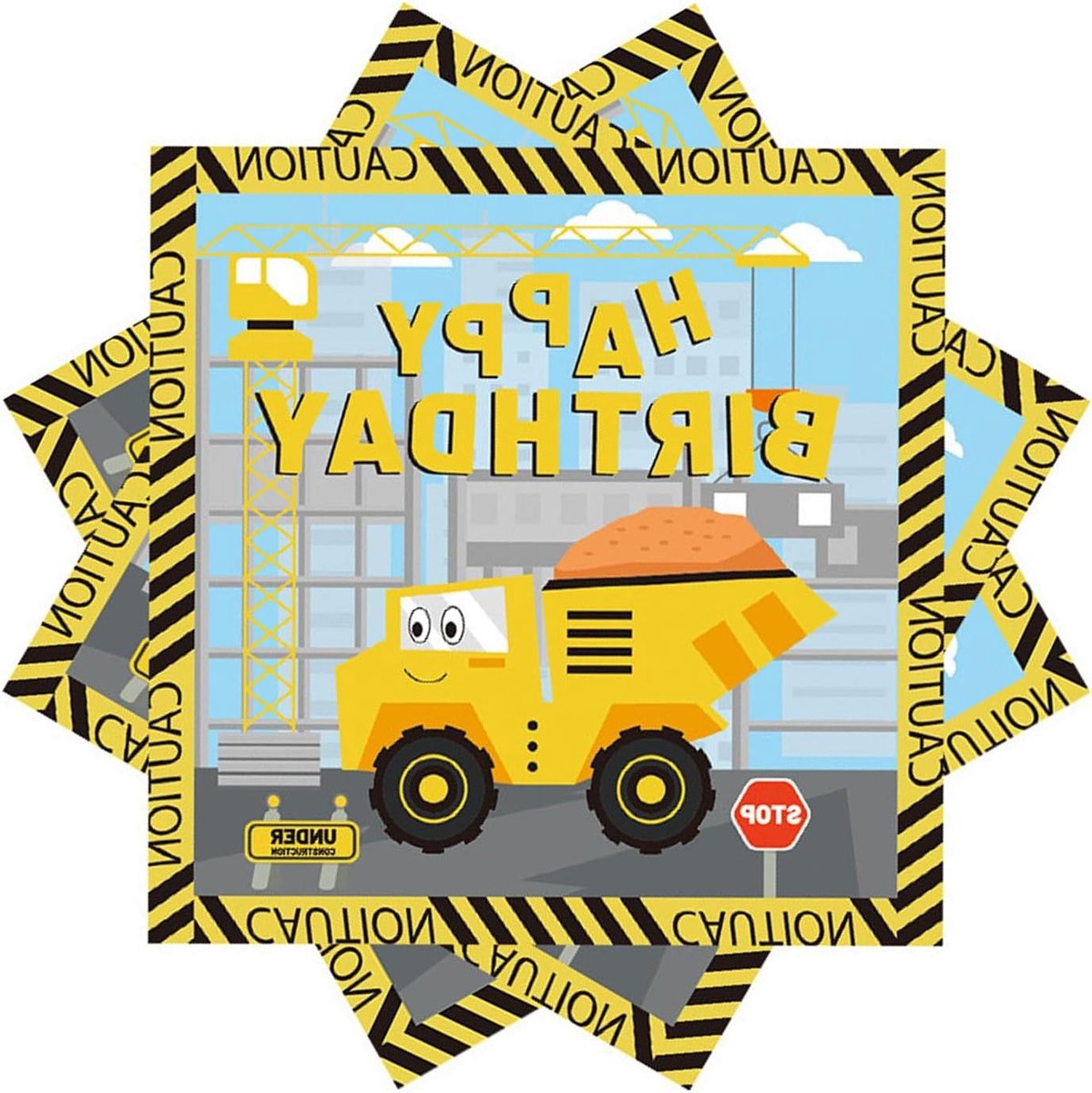 Constructie Thema Servetten - Happy Birthday Design - Geel en Zwart - 20 Stuks