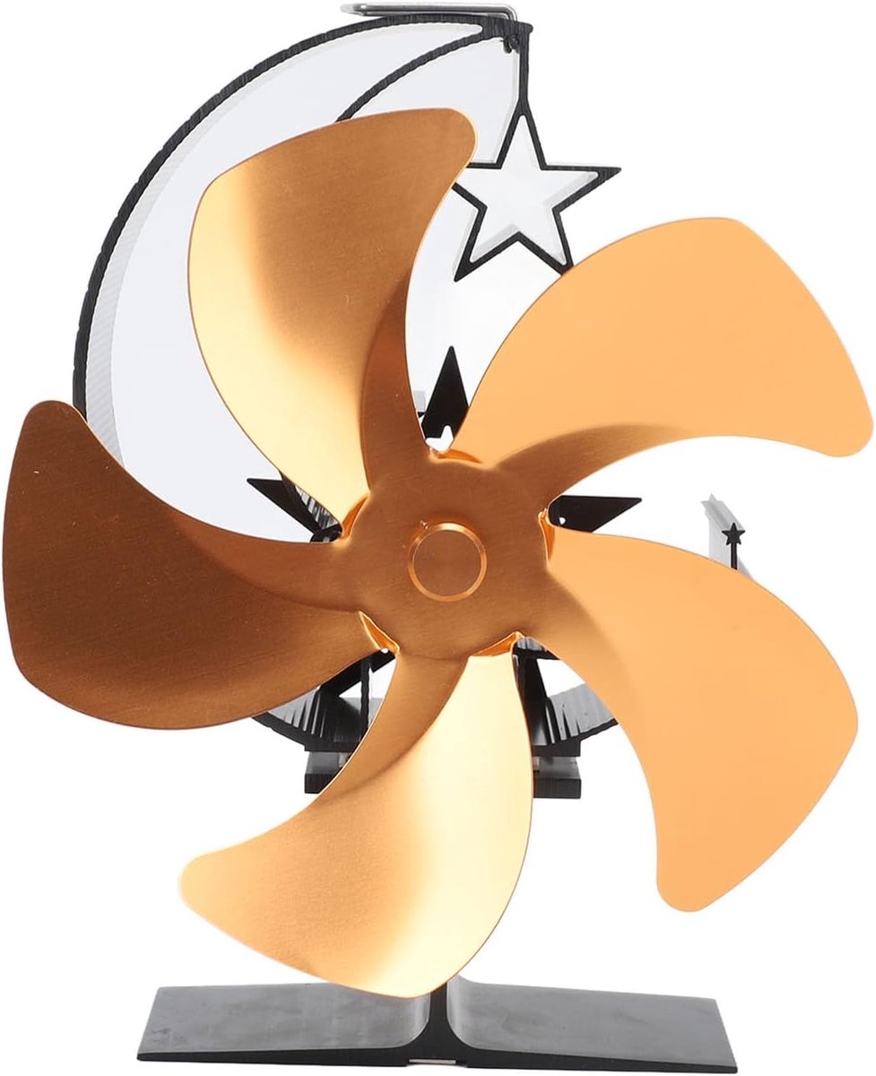 Houtbrander Ventilator - Warmte Aangedreven - Warmte Circulatie - 5 Bladen Stil - 25x22x12cm - Goud