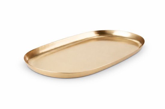 Gouden ovale schaal op witte achtergrond.