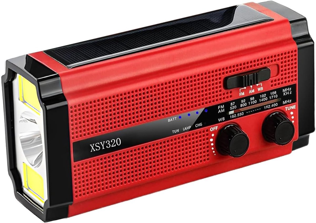 Weerradio - Noodradio Oplaadbaar - Kamperen Noodsituaties - Met Zaklamp - 5000mAh Accu - Rood