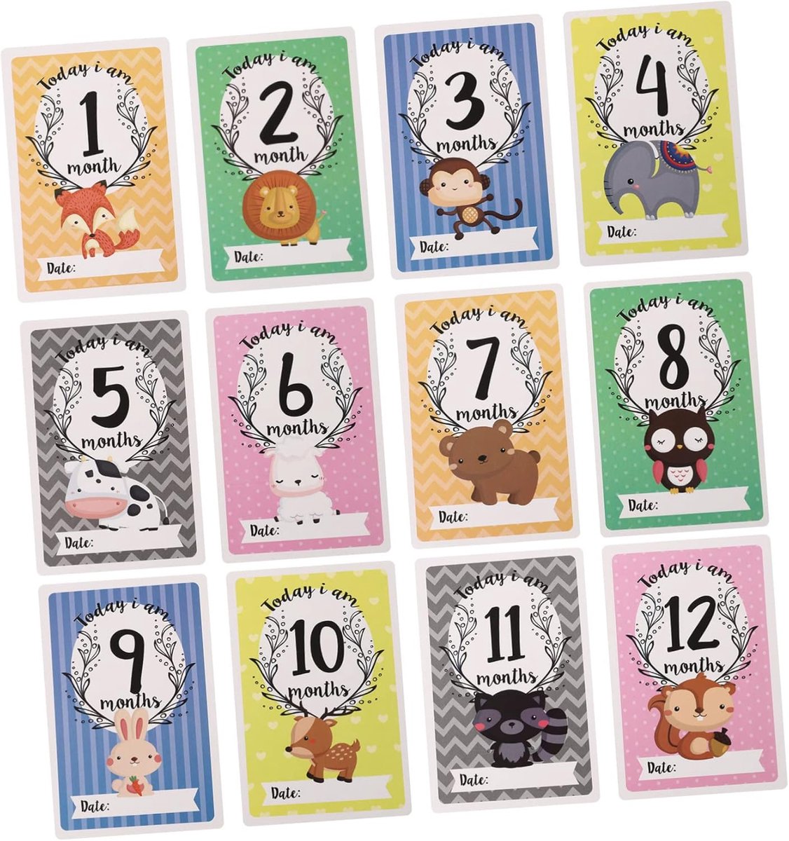 Mijlpaal Kaarten - Maandelijkse Kaarten - Babyfotografie - Met Dierenprints - 15.5 x 11 cm - Multicolor