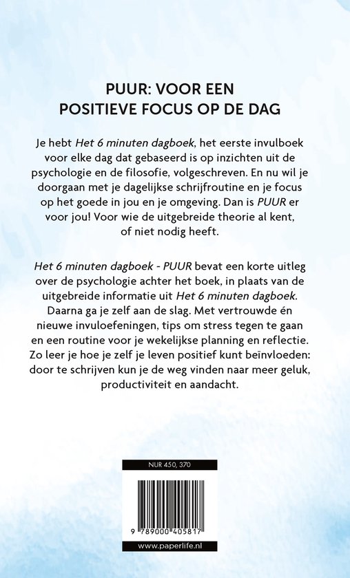 Achterkant van een boek met Nederlandse tekst over de 6 minuten dagboek en een barcode.