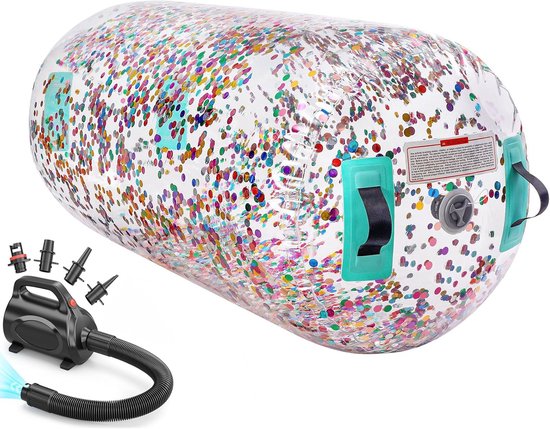 Transparante, met confetti gevulde gymnastiekrol met elektrische pomp en verschillende opzetstukken.