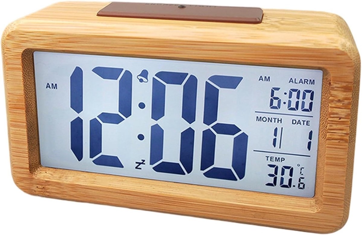 Houten Wekker - Digitale Klok - Wakker Worden - Tijd en Temperatuur - 13.8 x 7.7 cm - Houtkleur