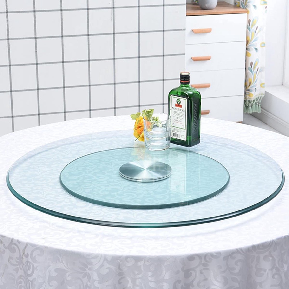 Draaibaar Tafelblad - Lazy Susan - Gerechten Delen - Gehard Glas - 70 cm Diameter - Bruin