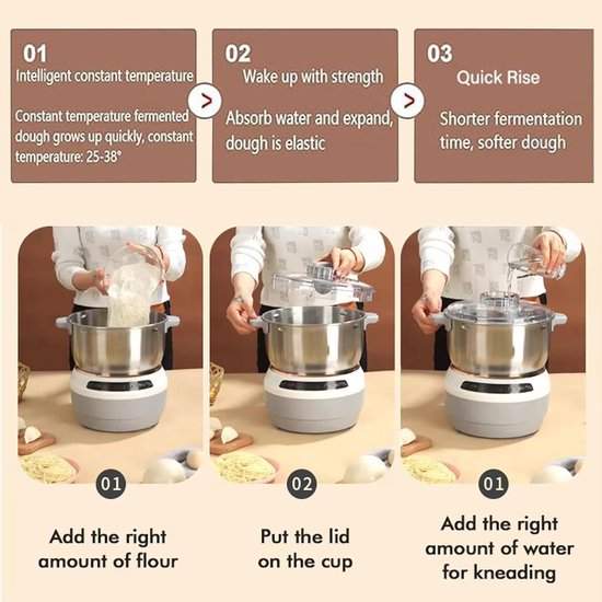 Roestvrijstalen Deegmenger - Elektrische Mixer Keuken - Zelf Bakken Thuis - Fermentatie Functie - 7 Liter Capaciteit — afbeelding 5
