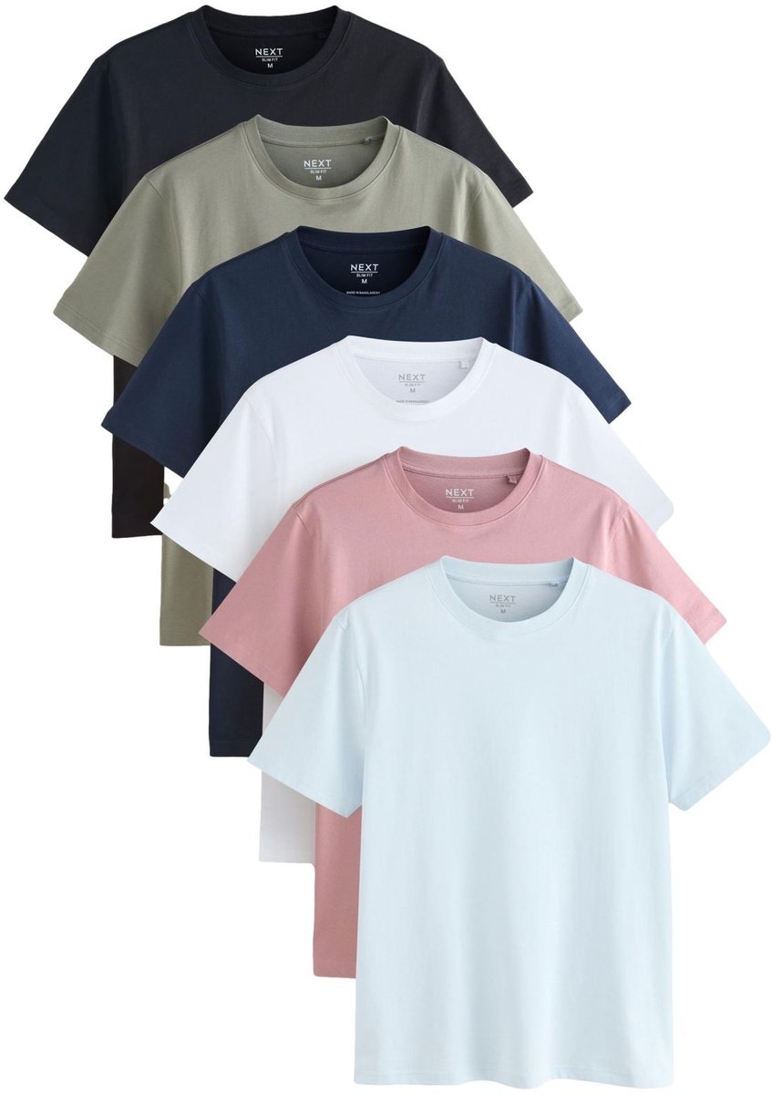 Next - Heren - Set van 6 basic slim-fit T-shirts - Blauw