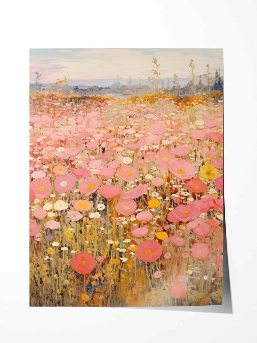 Roze Bloemenveld Poster - Poster 70x100 cm - Sfeervolle Wanddecoratie voor Woonkamer & Slaapkamer - Premium papier - zonder lijst