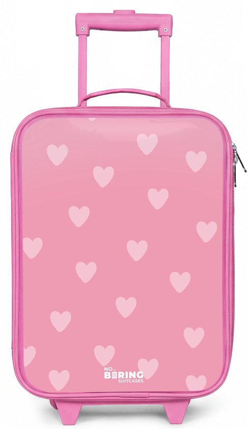 Roze kindertrolley met hartjesprint en verstelbare handgreep.