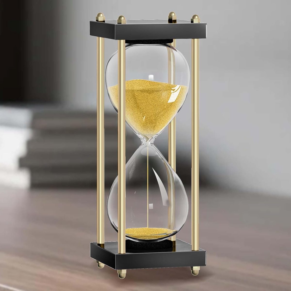 Zandloper Timer - Zandklok Tijdmeting - Productiviteit Verhoging - Houten Frame - 16.5cm Hoog - Zwart Goud