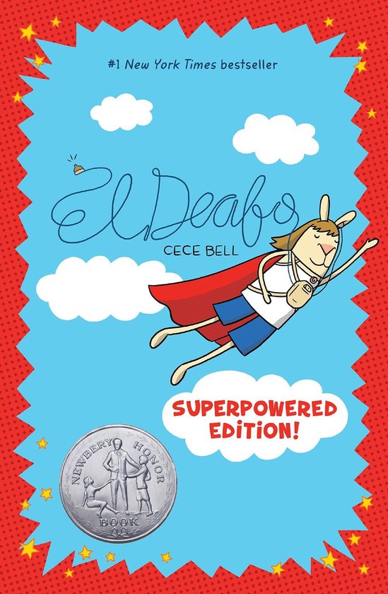 El Deafo: De Superpowered Editie. Een #1 New York Times bestseller met een konijn met een rood cape, dat vliegt met een gehoorapparaat.