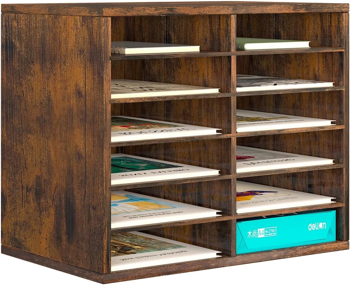 Bureau Organizer - Postsorteerder Documentenbak - Thuiswerk Kantoor - Verstelbare Vakken - 12 Vakken - Retro Bruin