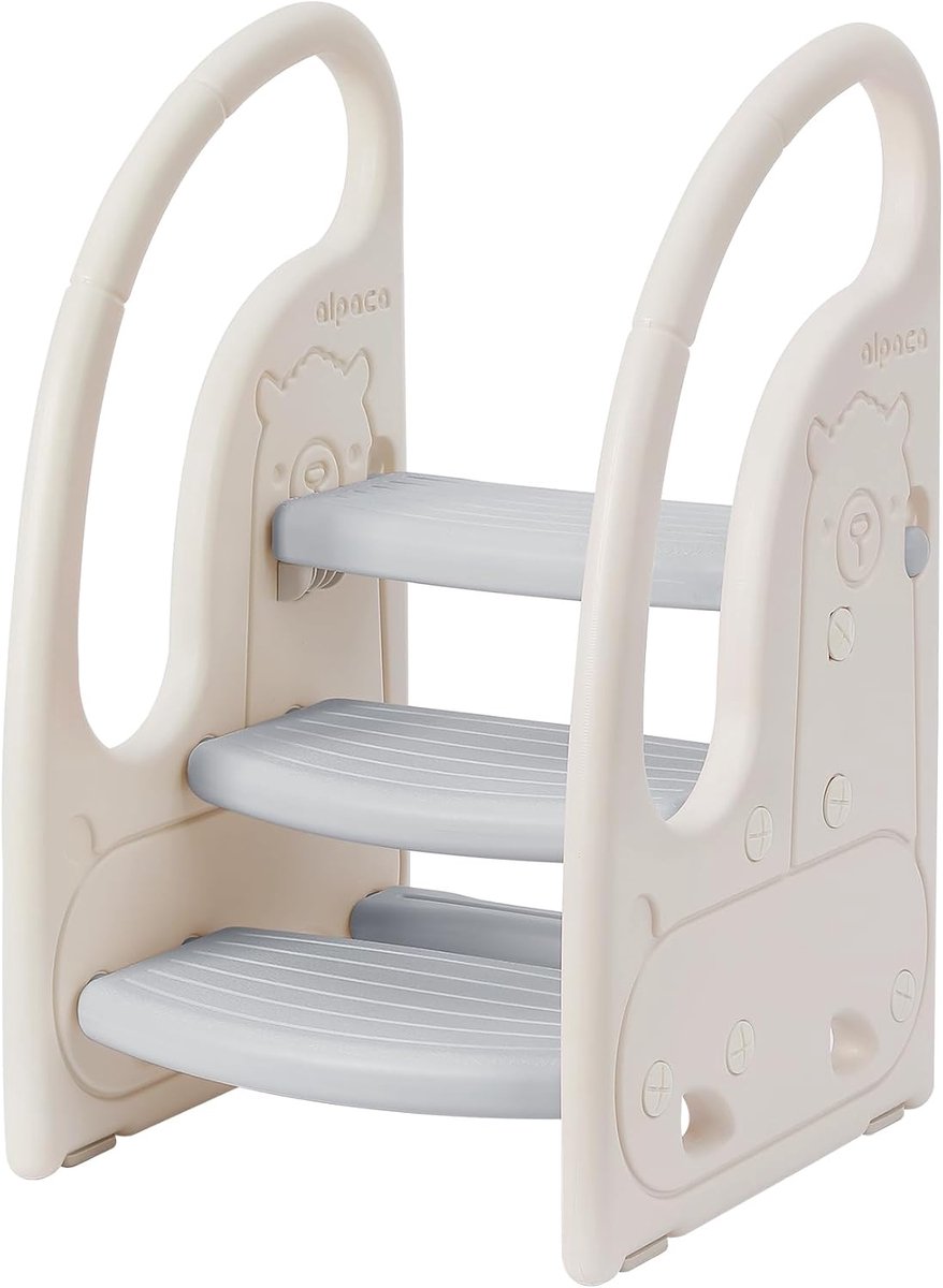 Peuter Kruk - Leertoren Helper - Zelfstandig Leren - Antislip Handgrepen - 3 Stappen - Grijs Wit