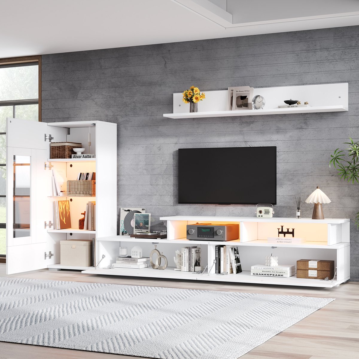 MODENUIT Wandmeubelset - Tv-Meubel Met Vitrinekast En Ledverlichting - Voor Woonkamer - Spaanplaat Wit - 170x35x45 Cm