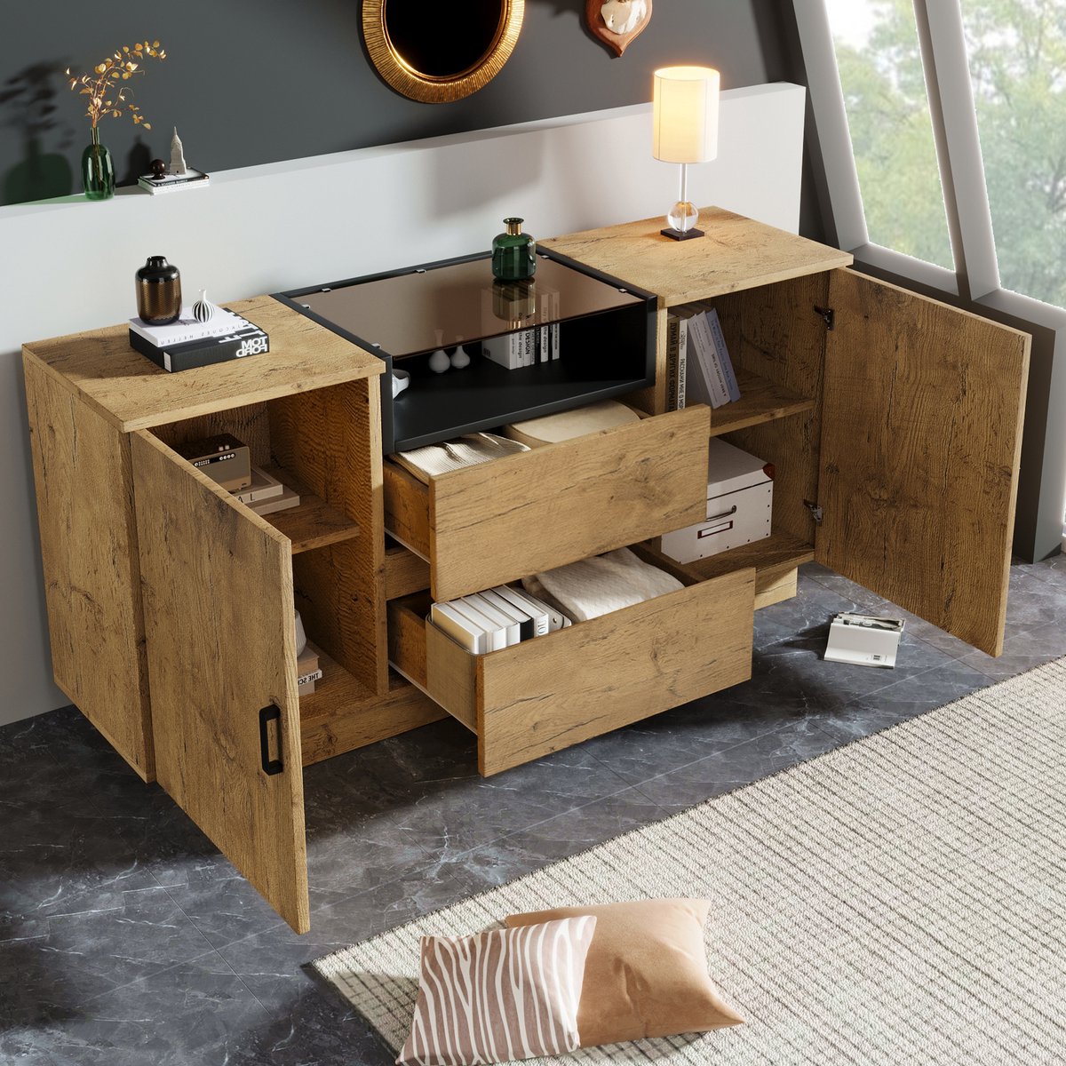 MODENUIT Dressoir - 2 Lades En 2 Kasten Met Open Vak - Voor Woonkamer En Hal - Hout En Glas - 140x40x70 Cm Lichte Eik