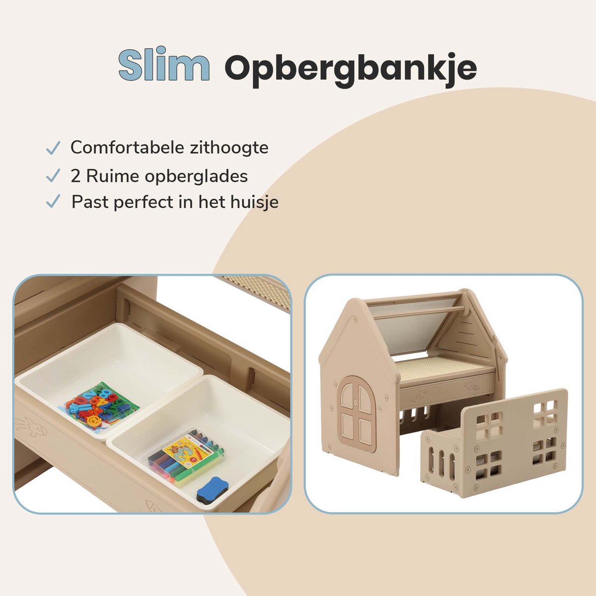 ComfyKidz 4 in 1 Speelhuis & Leerhuis incl. Opbergbank - Voor zowel Binnen & Buiten gebruik – Bouwtafel + Tekenbord + Bureau — afbeelding 8