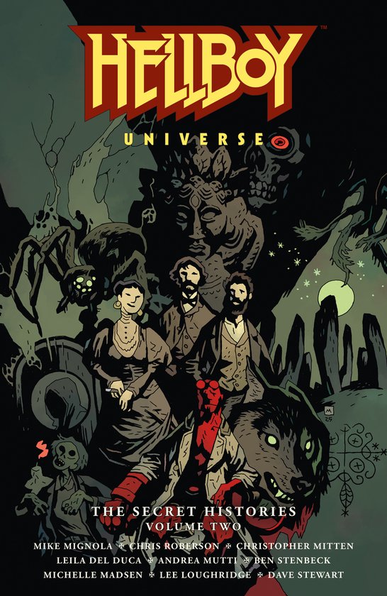 De cover van Hellboy Universe: The Secret Histories Volume 2 toont Hellboy, een wolf, twee vrouwen en drie mannen in een duistere, spookachtige omgeving.