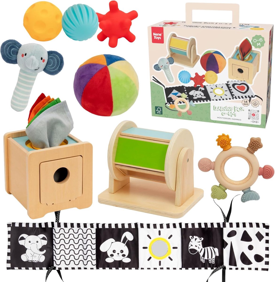Montessori Baby Speelset - Sensorisch Houten Speelgoed - Vroege Ontwikkeling - 7-in-1 Set - 36.5 x 27.5 x 13 cm