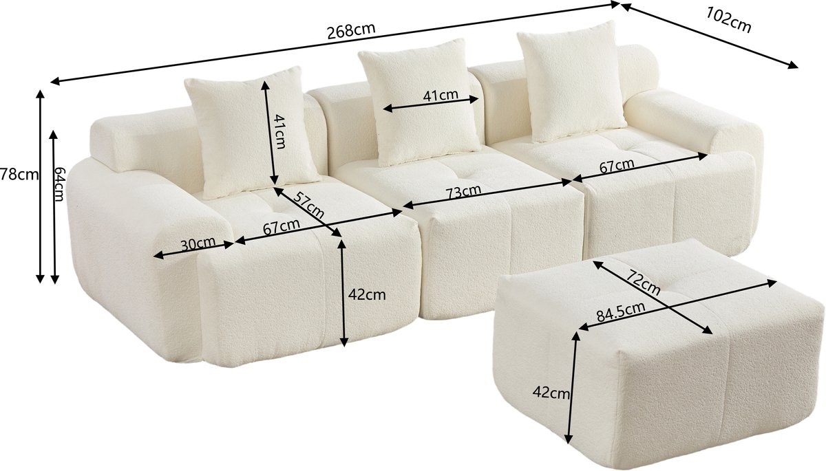 OKWISH Hoekbank - 3-Zits Modulaire Zitbank Met Verplaatsbare Hocker - Voor Woonkamer - Stoffen Bekleding - Beige