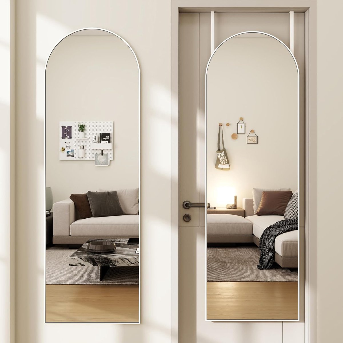 Deurspiegel Volledige Lengte - Hangende Spiegel Ovaal - Outfit Check - Gebogen Glas Ontwerp - 356 x 122 cm - Wit