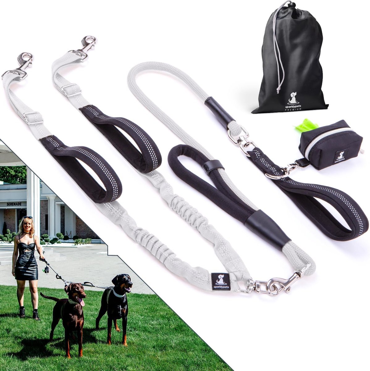 Dubbele Hondenriem - Koppelriem - Twee Honden Uitladen - Schokabsorberend Anti-Trek - Verstelbaar Groot - Zilver