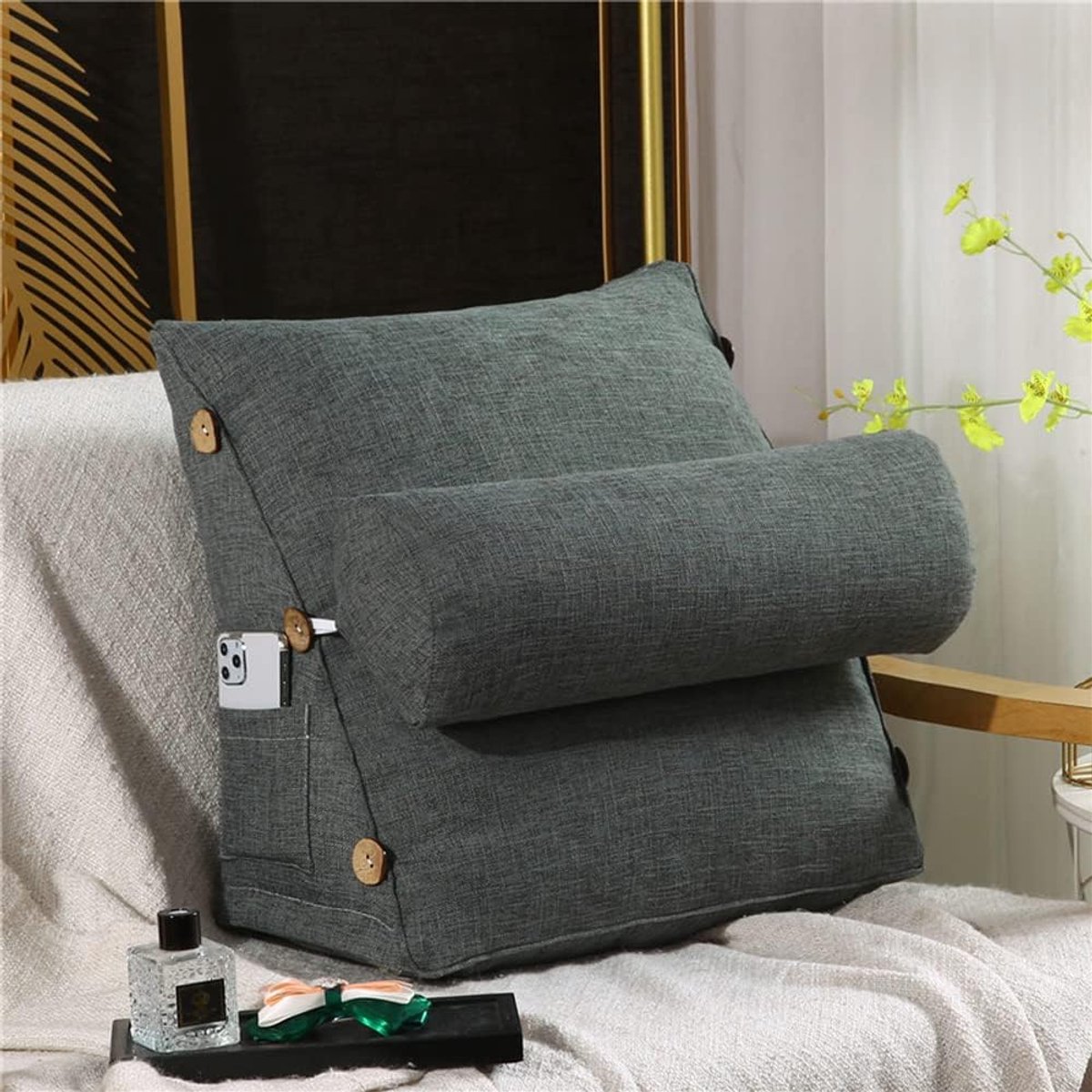 Comfort Bed Kussen - Driehoek Rugsteun - Ontspannen Lezen - Verstelbare Neksteun - 55cm Hoog 20cm Dik - Blauw