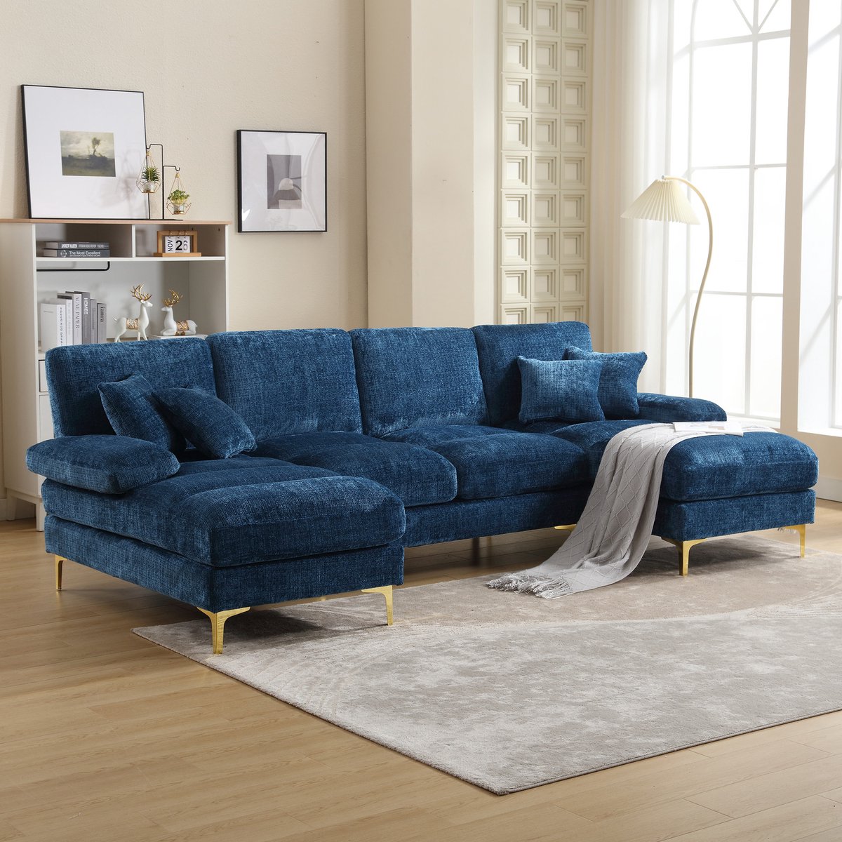 MODENUIT U-bank 272 x 136 x 88 cm - Dubbele Chaise Longue - Voor Woonkamer en Kantoor - Chenille - Blauw
