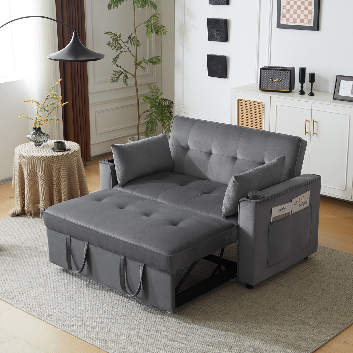 MODENUIT Slaapbank 137 cm - Uitklapbaar met Rugstanden en Bekerhouders - Voor Woonkamer en Slaapkamer - Fluweel Grijs