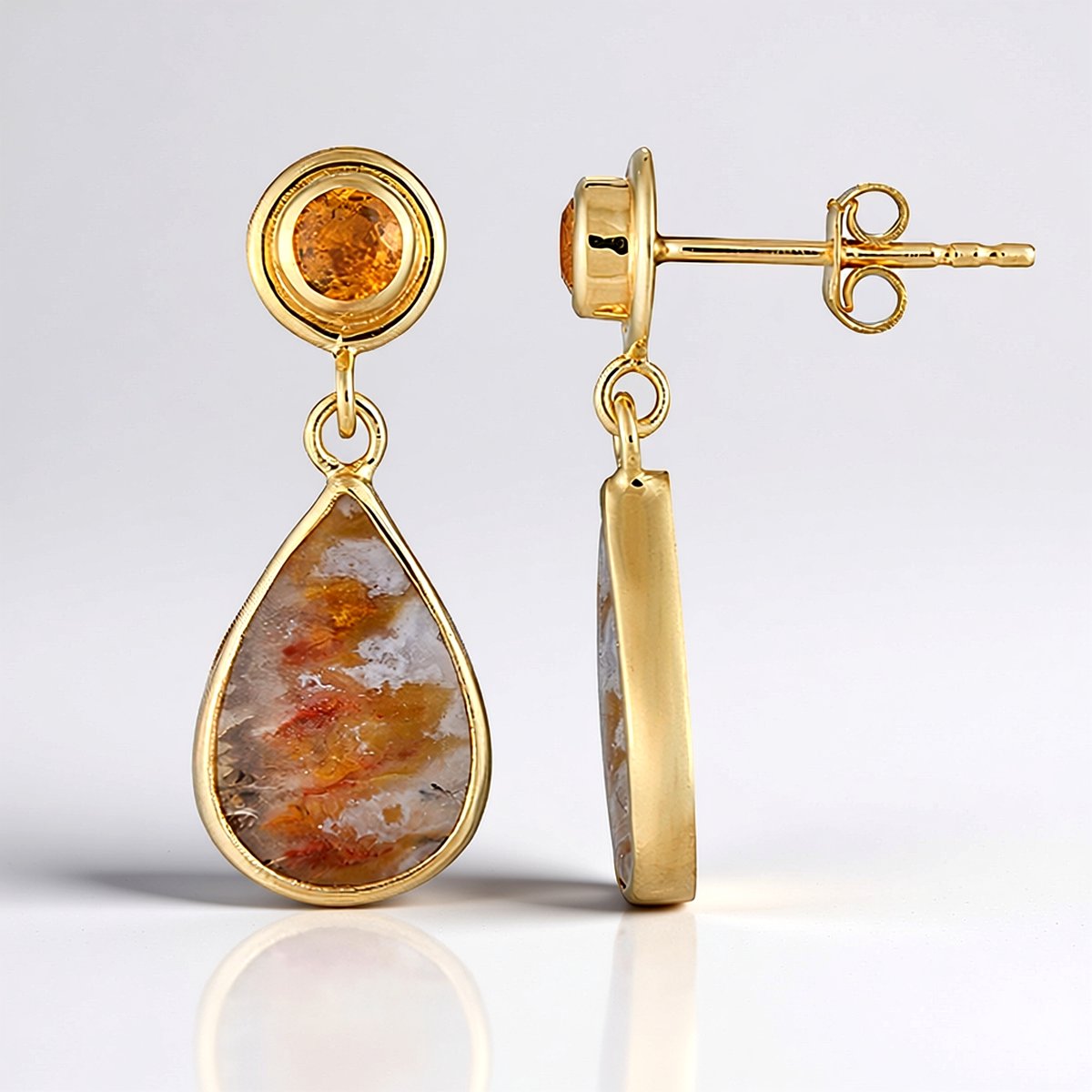 Cavill - 925 Sterling Zilver Vergulde Oorbellen - Druzische Agaat 7,75 ct & Mandarijn Granaat 0,7 ct - Elegant Peervormige Cabochon