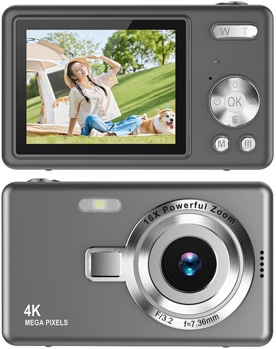 Camera - Digitale camera 1080p Full HD 44MP met 2,4 inch LCD-scherm - 16x digitale zoom - Compacte draagbare vlogcamera - Met 32 GB SD-kaart - Voor kinderen - Tieners - Studenten en beginners (grijs)