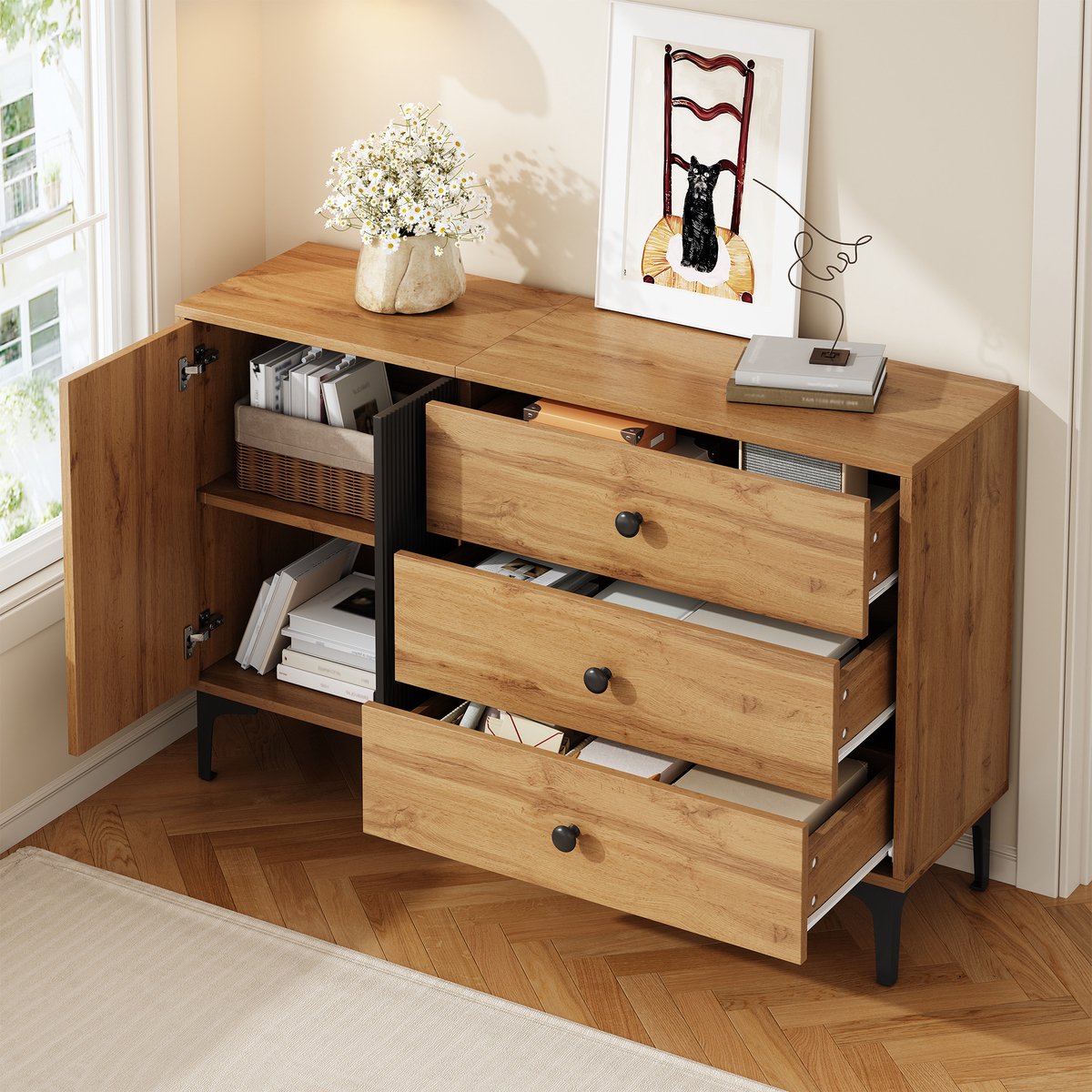 MODENUIT Dressoir - Met Kast En 3 Laden - Voor Woonkamer En Eetkamer - Spaanplaat In Zwart En Naturel - 120x35x76 Cm Natuurlijk
