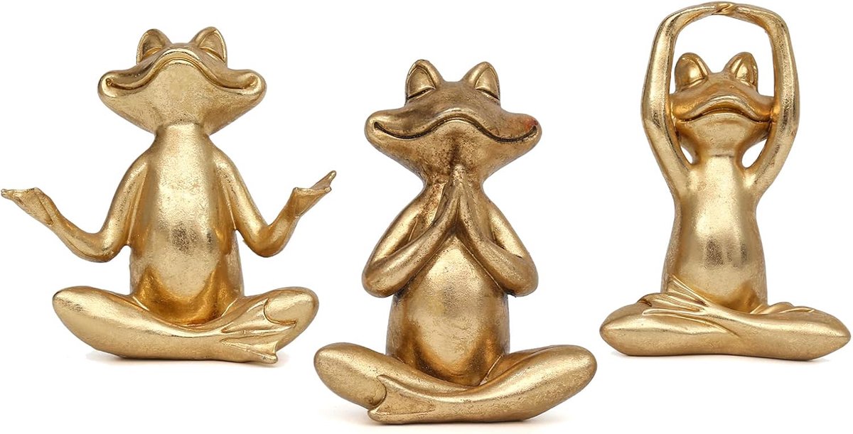 Gouden Kikker Beeldjes - Yoga Decoratie - Woonkamer Kantoor - Set van Drie - 9.4 cm Hoogte - Goud