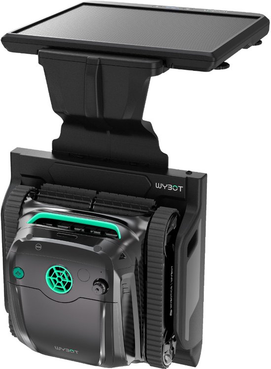 Zwarte WYBOT S2 zwembadrobot met groen accent en zonnepaneel op standaard.