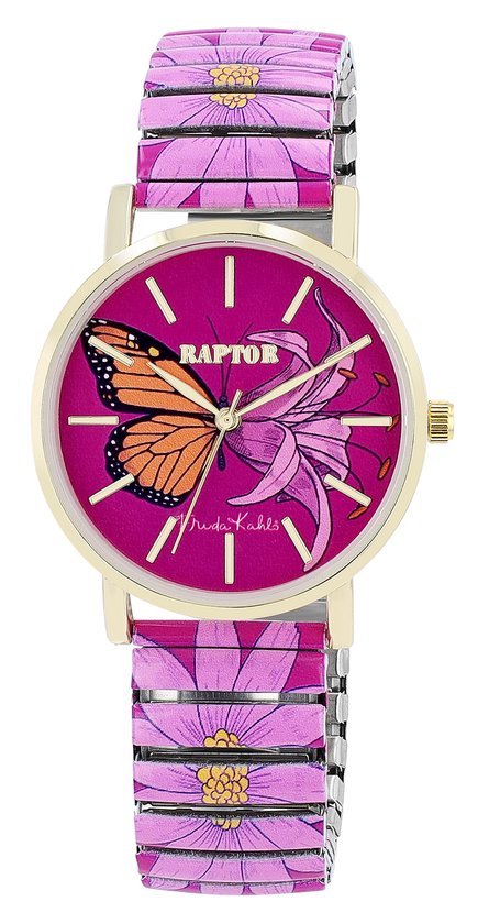 Paars horloge met vlinder en lelie, goudkleurige kast, zilverkleurige band met bloemenprint.