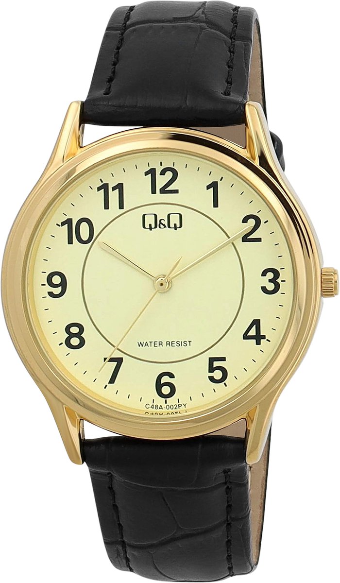 QQ C48A-002PY-Horloge-Heren-Goudkleurig-Duidelijke wijzerplaat-Zwart lederen band-38MM